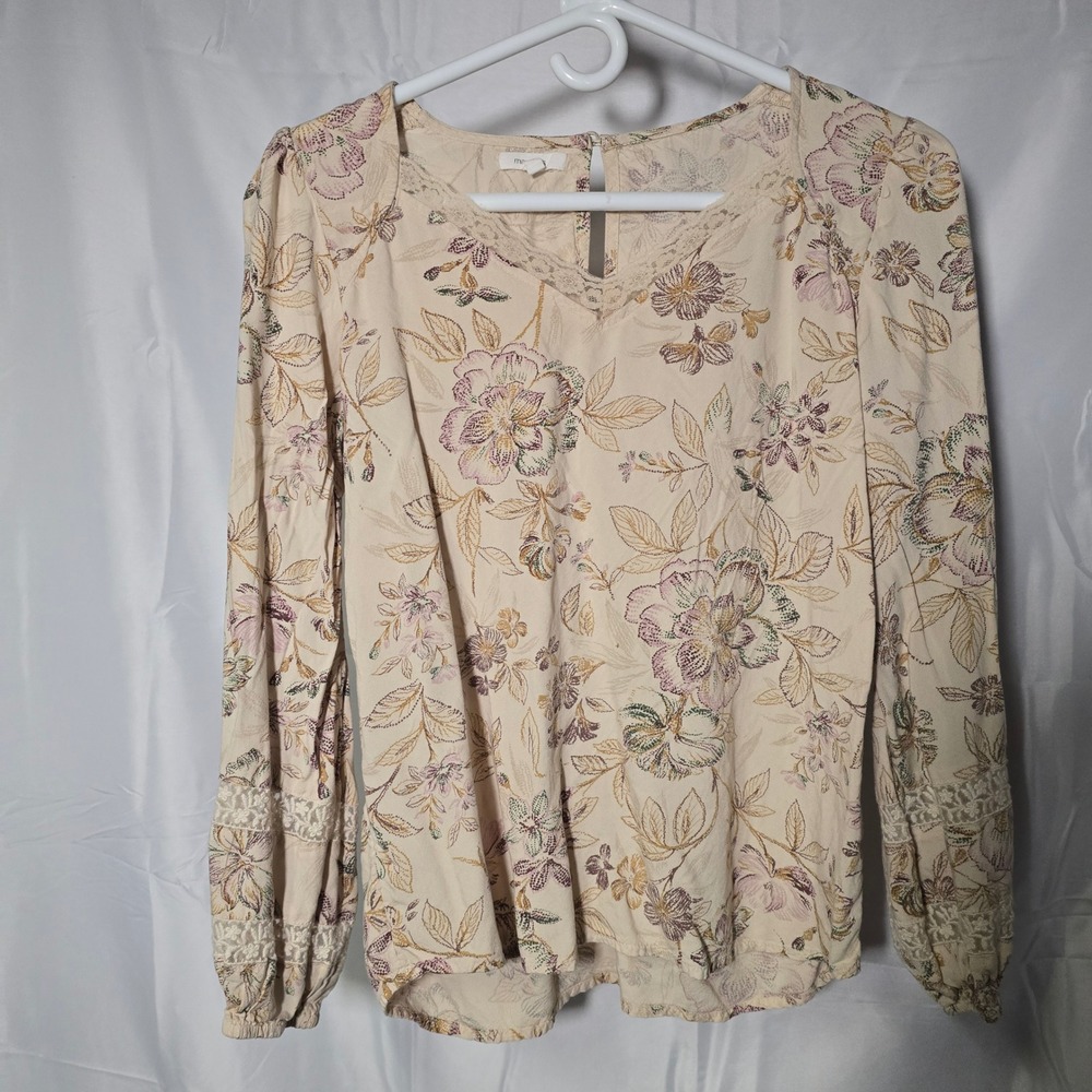 Maurices Boho Cottagecore Womens XS Floral Long Sleeve Blouse Lace‎ Trim Ivory
